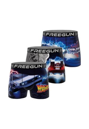 Trois paires de boxers avec ceintures "FREEGUN", présentant des designs Retour vers le Futur incluant la voiture DeLorean, des éclairs et le logo du film.
