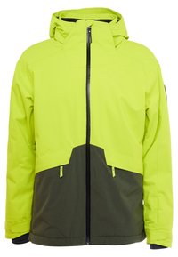 Veste imperméable bicolore en vert citron vert et olive foncé, avec fermeture éclair frontale, capuche et poches zippées.