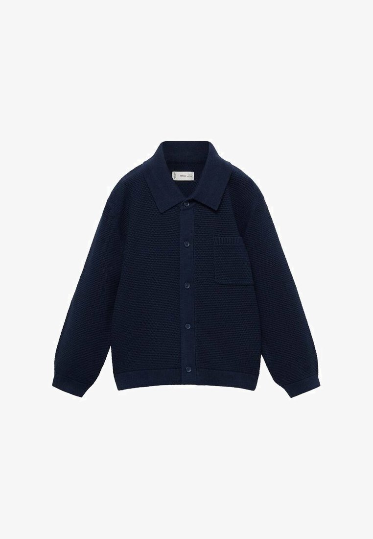 Mornarsko modra pletena srajčna jakna z ovratnikom, zapiranjem na gumb in žepom na prsih z rebrastimi detajli na žepu in manšetah.
