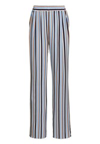 Gestreepte wijde broek met een mix van blauwe, oranje en zwarte verticale lijnen, voorzien van een elastische tailleband en zijzakken.