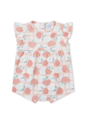 Pelele blanco para bebé con estampado de hojas en melocotón y verde, mangas con volantes, botones a presión en la entrepierna y diseño de fondo a cuadros sutil.