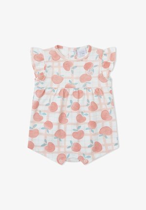 Pelele blanco para bebé con estampado de hojas en melocotón y verde, mangas con volantes, botones a presión en la entrepierna y diseño de fondo a cuadros sutil.