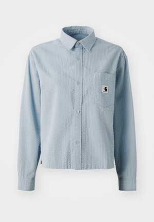 Himmelblaues, langärmliges Hemd mit Knopfleiste, strukturiertem Muster, einer Brusttasche und einem Markenlabel auf der Tasche. Aus gewebtem Stoff gefertigt.