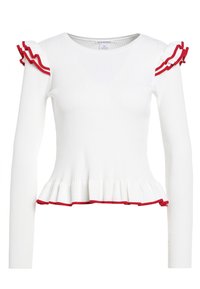Weißes, geripptes Langarmoberteil mit roten Rüschendetails an den Schultern und dem Saum, im Peplum-Stil am unteren Ende.