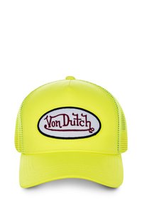 Gorra amarilla con lados de malla, que presenta un parche ovalado blanco con el logo rojo "Von Dutch". Diseño estructurado con visera curvada y acabado texturizado.