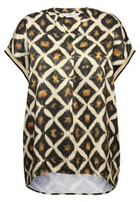 Korte mouwen blouse van lichtgewicht stof met een zwart en crèmekleurig geometrisch patroon met bruine accenten, V-hals en ronde zoom.