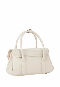 Handtasche aus cremefarbenem Leder mit strukturiertem Design, zwei oberen Tragegriffen und einer Überschlagklappe. Verfügt über dezente Nähte und Akzente aus goldfarbenem Metall.