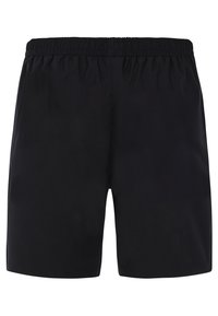 Zwarte elastische taille mid-lengte shorts gemaakt van gladde stof, frontaal weergegeven op een effen witte achtergrond.