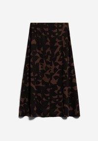 Jupe noire et marron longueur genou avec un motif géométrique abstrait et une légère forme trapèze.