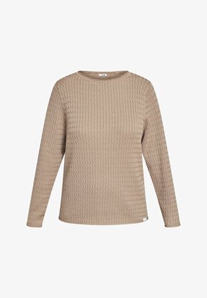 Beżowy sweter z długim rękawem o teksturowanym, tkanym wzorze. Posiada okrągły dekolt i luźny krój. Wykonany z miękkiego, lekkiego materiału.