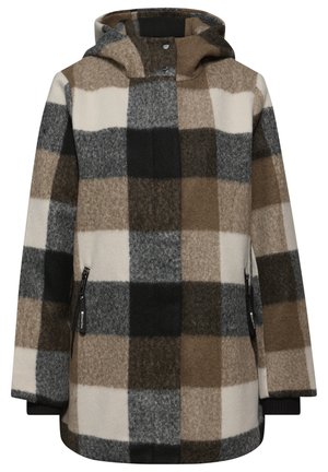 Brauner, grauer und creamfarbener kariertet Mantel mit Kapuze, ausgestattet mit einer Reißverschlusstasche und strukturiertem Stoff für zusätzliche Wärme. Bequeme Passform mit langen Ärmeln.