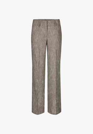 Gerade geschnittene, hochtaillierte braune Textilhosen mit Gürtelschlaufen und Vorderfalten.