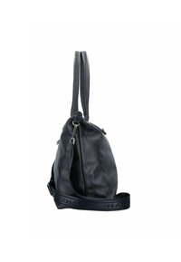 Borsa a tracolla in pelle nera con doppio manico, apertura con zip e tracolla in tessuto rimovibile con branding in rilievo.