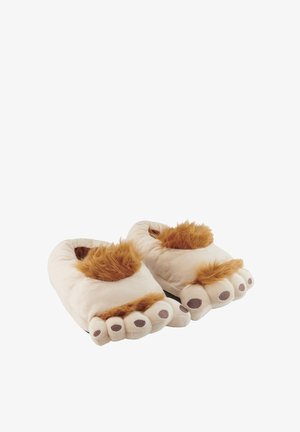 Pantofole beige pelose a forma di zampe di animale con un accento di pelliccia marrone, dotate di cinque cuscinetti per le dita e una superficie morbida e soffice.