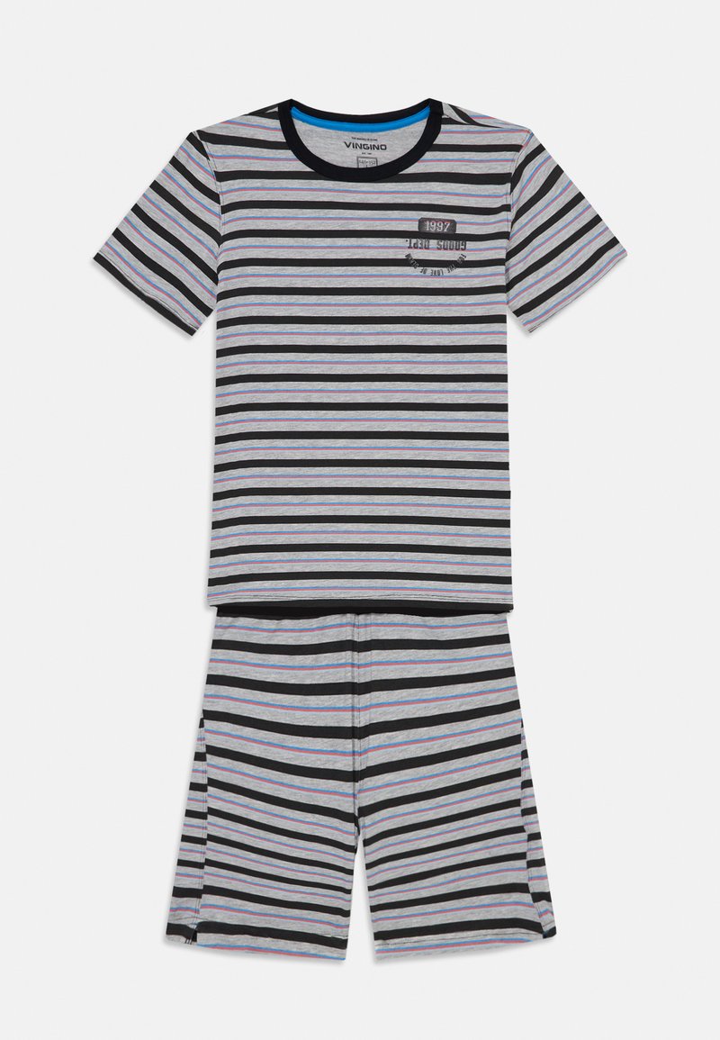 Striped short-sleeve pajama set in gray, black, and blue. T-shirt features a small pocket and the year "1997" printed. Soft fabric.