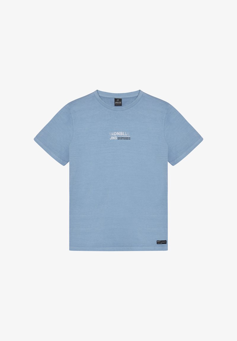 Lichtblauw katoenen T-shirt met korte mouwen, ronde hals en een tekstprint in donkerder blauw in het midden. Voorzien van een label onderaan links.