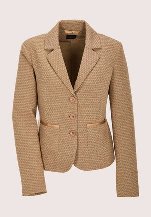 Beige blazer met een gestructureerd ontwerp, voorzien van drie knopen, twee voorzakken en een reverskraag.