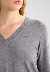 Femme portant un pull gris en V avec un petit logo de crocodile brodé sur le haut de la poitrine.