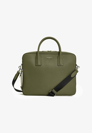 Olive green textured laptop bag with dual top handles, removable black shoulder strap, and silver hardware. Features a zip closure.