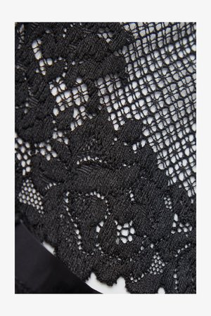 Tissu en dentelle florale noire avec un filet en maille délicat et une bande de bordure noire solide.