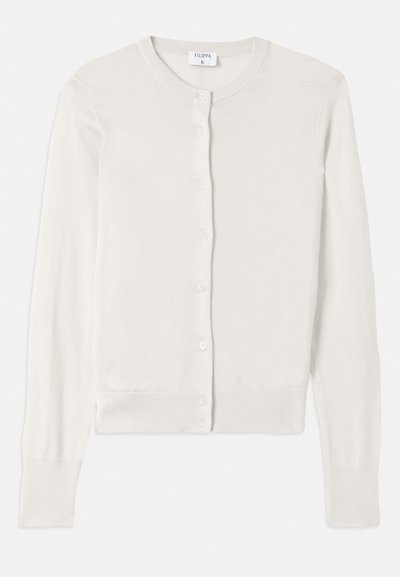 Svetlo béžový pletený kardigán s okrúhlym výstrihom, dlhými rukávmi a šiestimi gombíkmi vpredu. Mäkký materiál s rebrovanými manžetami.