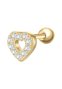 Zelta auskars ar sirds formu, centrā ar sirds izgriezumu, apkārt ir caurspīdīgi dārgakmeņi. Gluda apdare, spīdīga tekstūra, droša kāts.