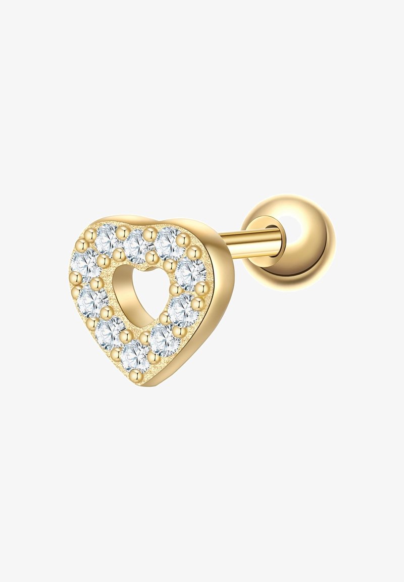 Zlato uhani v obliki srca z osrednjim izrezom v obliki srca, obdanimi s prozornimi dragimi kamni. Gladko zaključena, sijoča tekstura, varen nosilec.