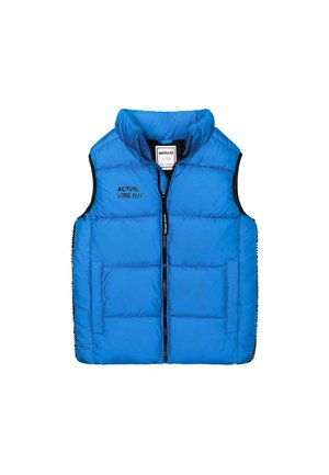 Blå vatteret vest uden ærmer med frontlynlås, to lommer og teksten "ACTIVE VIBE" på venstre bryst, mærket "minoti" inde i kraven.