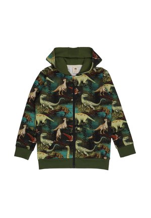 Kapuzensweatshirt mit Reißverschluss in grün mit einem Dinosaurier- und Blattdruck, aus einem weichen Material und mit Fronttaschen.