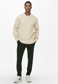 Sudadera texturizada beige con cuello redondo, combinada con pantalones rectos verdes oscuros y zapatillas ligeras. Conjunto casual y versátil.