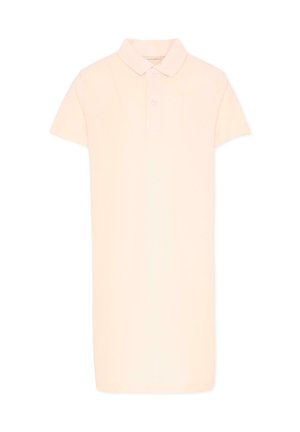 Abito polo rosa chiaro a maniche corte con colletto e due bottoni, mostrato su sfondo bianco.