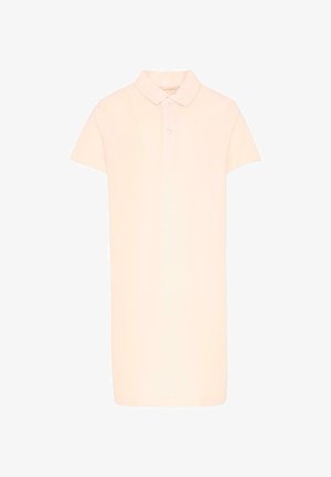 Lichtroze polo-jurk met korte mouwen, kraag en twee knopen, getoond tegen een witte achtergrond.