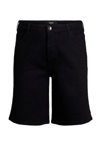 Shorts de mezclilla negra con cinco bolsillos, cierre de botón y diseño de pierna recta. Hechos de una resistente tela de algodón.
