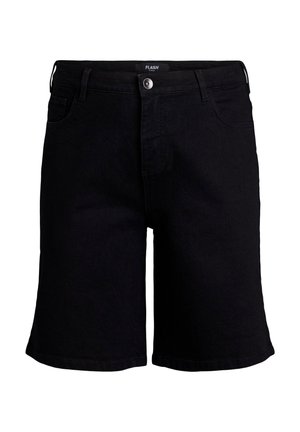 Black denim shorts with five pockets, a button closure, and a straight leg design. Made of sturdy cotton fabric.
