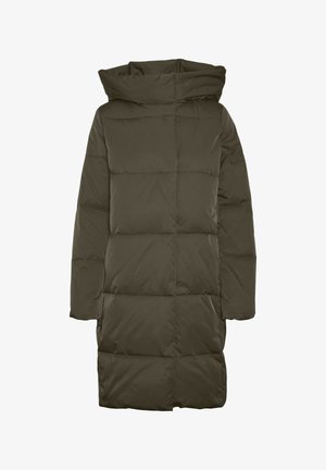 Piumino imbottito di colore verde oliva, con un ampio cappuccio, design a lunghezza totale e sezioni trapuntate. Realizzato in tessuto liscio e resistente all'acqua.