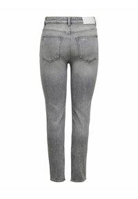 Jean slim-fit gris en denim avec poches arrière, légère usure et taille haute.