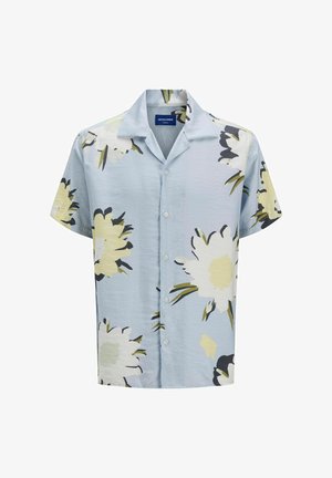 Kortermet skjorte i lyseblå med stort hvitt og gult blomstermønster, med klassisk krage og glatt tekstur.