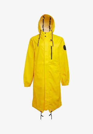 Imperméable jaune, doté d'une capuche avec cordons de serrage, d'une poche zippée à l'avant, de poignets élastiques et d'un ourlet ajustable avec des toggles.