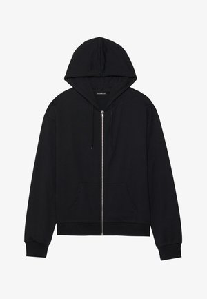 Svart zip-up hoodie med framfickor, dragsko i huvan, ribbade ärmslut och nederkant. Tillverkad av mjukt material med en slät yta.