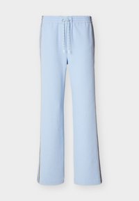 Ανοιχτό μπλε υφασμάτινο παντελόνι jogger με ελαστική μέση, λευκό και πράσινο κορδόνι και πλαϊνές ρίγες σε μαύρο, λευκό και χρυσό.