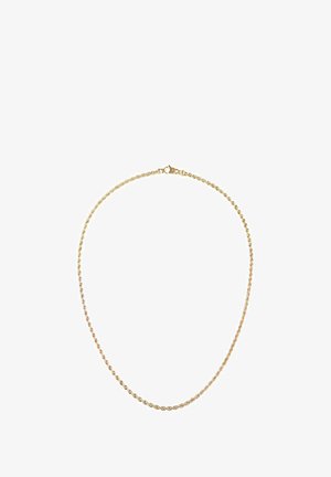 Gold-toned twisted chain necklace with a clasp closure. Features a smooth, polished texture and an evenly spaced twist design.