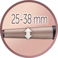 Produkten har en avsmalnande cylindrisk form i roséguldfinish med svarta accenter; markerad intervall 25-38 mm visas tydligt.