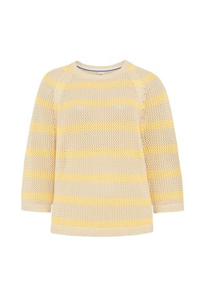 Pull en maille à rayures beige et jaune pâle avec manches longues et motif texturé à mailles ouvertes.