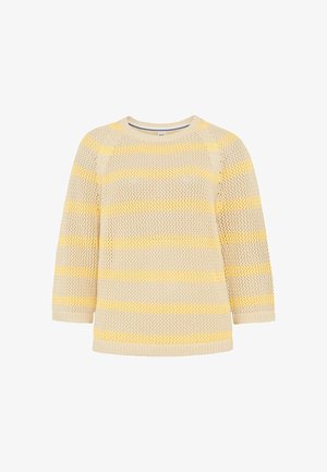 Beiger und blassgelb gestreifter Strickpullover mit langen Ärmeln und einem strukturierten, offenen Webmuster.