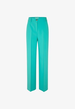 Pantalon tailleur turquoise avec taille haute, coupe droite, fermeture à bouton et texture de tissu lisse. Sans motifs visibles.