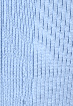 Light blue knitted textile featuring ribbed patterns, with alternating textured sections for a contrasting visual effect.