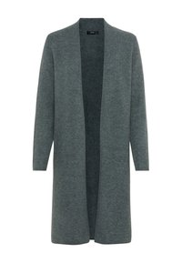 Dlouhý kardigan s otevřeným předním dílem v měkké, strukturované vlněné směsi. Barva je jemně zelená, s dlouhými rukávy a bez zapínání.