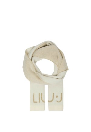Sciarpa di maglia beige con una texture liscia, caratterizzata dal testo dorato "LIU" su entrambe le estremità. Il design include un effetto sfumato che va dal beige chiaro a quello più scuro.