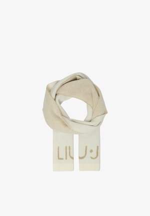 Sciarpa di maglia beige con una texture liscia, caratterizzata dal testo dorato "LIU" su entrambe le estremità. Il design include un effetto sfumato che va dal beige chiaro a quello più scuro.