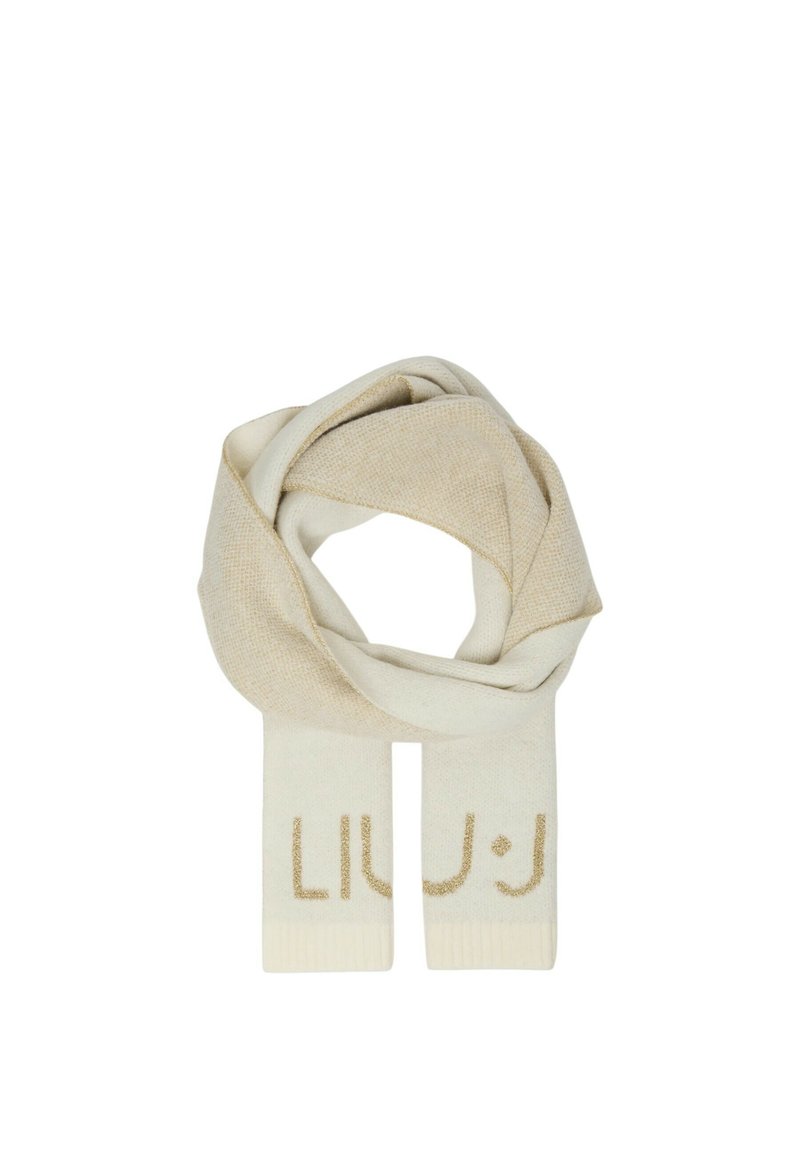 Beige knitted scarf with a smooth texture, featuring gold "LIU" text at both ends. Design includes a gradient effect from light to darker beige.